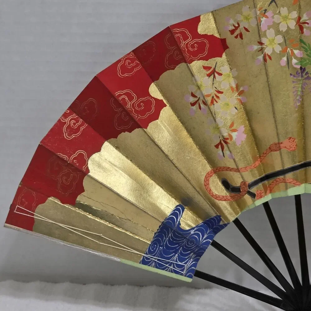 Vintage Oriental Folding Fan Floral Cart Design 19 1/2